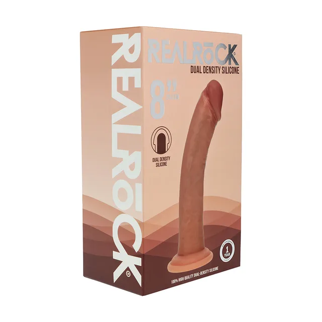 Shots Realrock 8-inch tan curved dual-density dildo displayed in its brown retail box