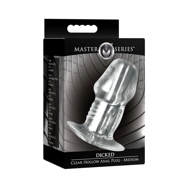 Medium clear Master Series Dicked hollow plug in black window box