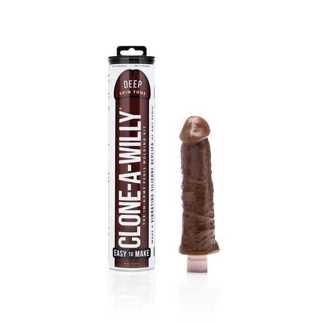 Clone-A-Willy Deep Tone kit tube beside brown molded dildo
