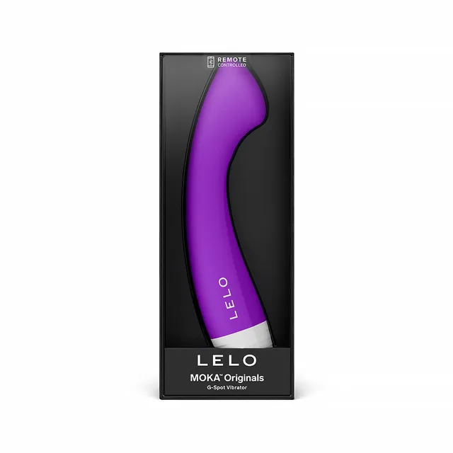 Purple-and-white LELO MOKA Originals curved vibrator in black box