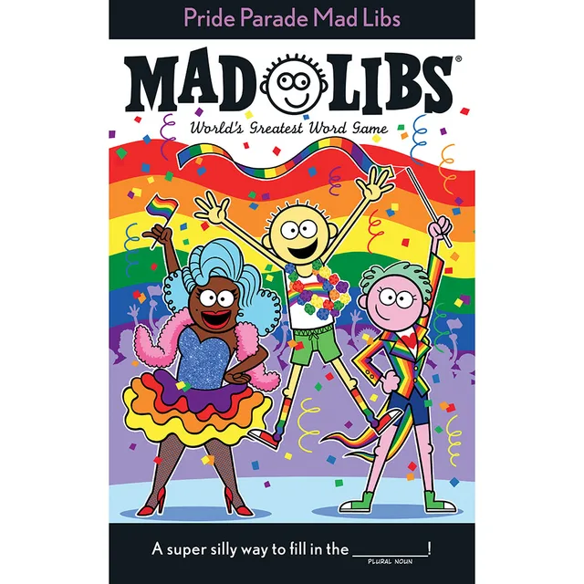 Pride Parade Mad Libs cover with rainbow parade characters and flags