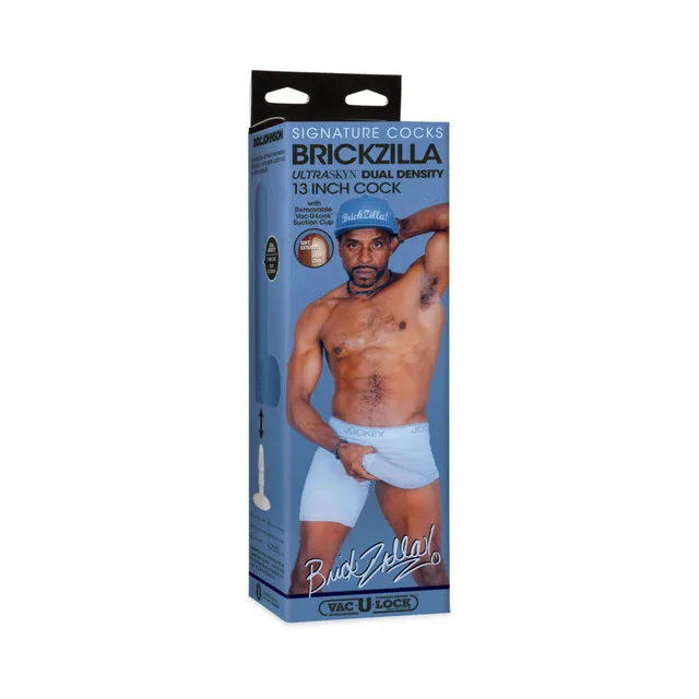 Brickzilla chocolate ULTRASKYN dildo in tall blue retail box