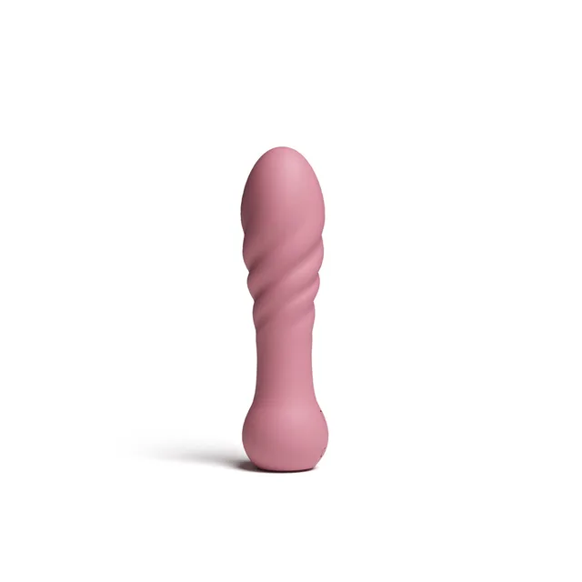 Front view of dusty-pink dildo with raised spiral contours