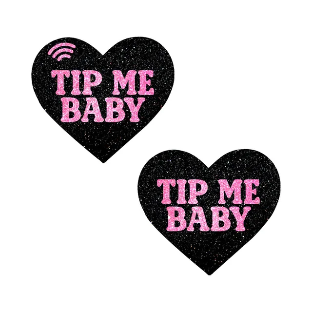 Neva Nude Tip Me Baby black heart NFC pasties pair with pink lettering and NFC symbols on black glitter hearts