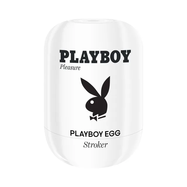 Closed white Playboy Egg Stroker case with black rabbit logo