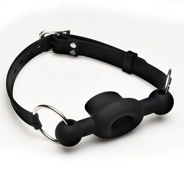 XR Brands Master Series Forced silicone feeding gag full product view with adjustable strap and metal rings