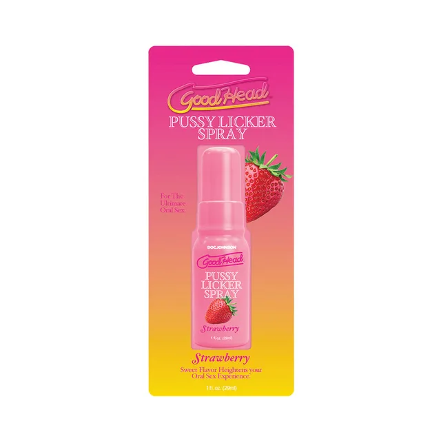 GoodHead Strawberry Pussy Licker Spray 1 oz pink pump bottle on strawberry gradient card