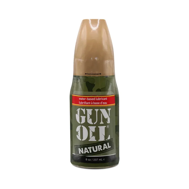 front view of 8 oz Gun Oil Natural clear water-based lubricant bottle with tan cap