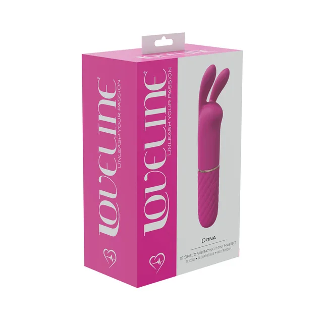 pink LoveLine Dona mini rabbit vibrator pictured on magenta box
