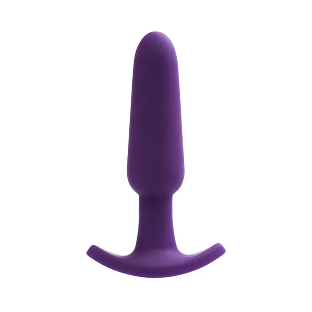 VeDO Bump deep-purple anal vibrator upright front view with tapered shaft and flared T-base