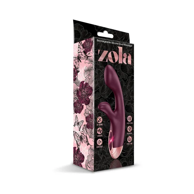 Front of black and pink Zola dual massager retail package