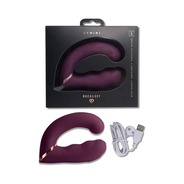 Burgundy Rocks-Off Gemini dual-arm stimulator with cable and box