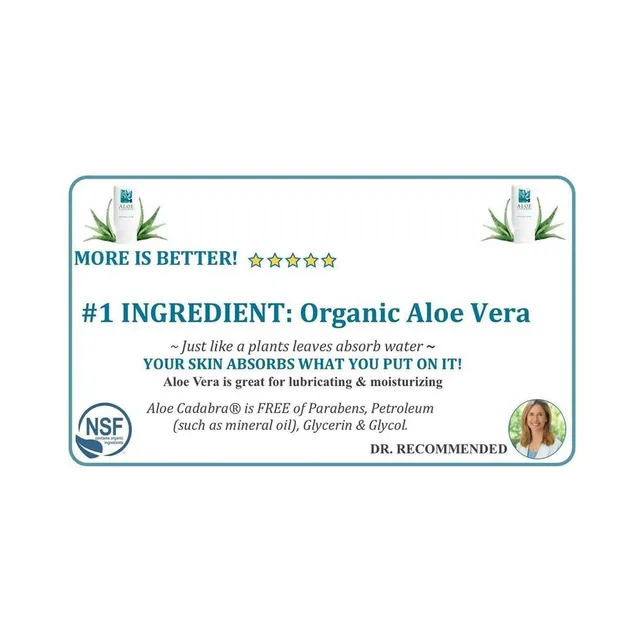 Aloe Cadabra product formula information card with organic aloe vera headline