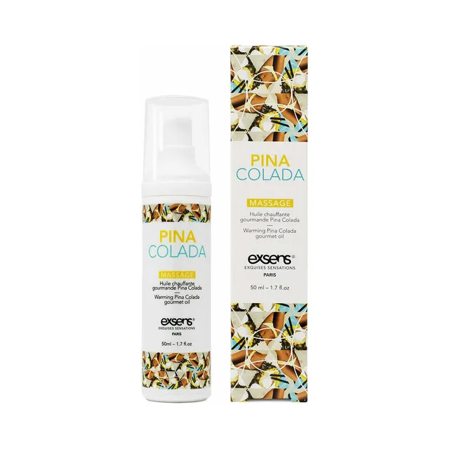 white Exsens Pina Colada pump bottle beside green tropical-patterned carton