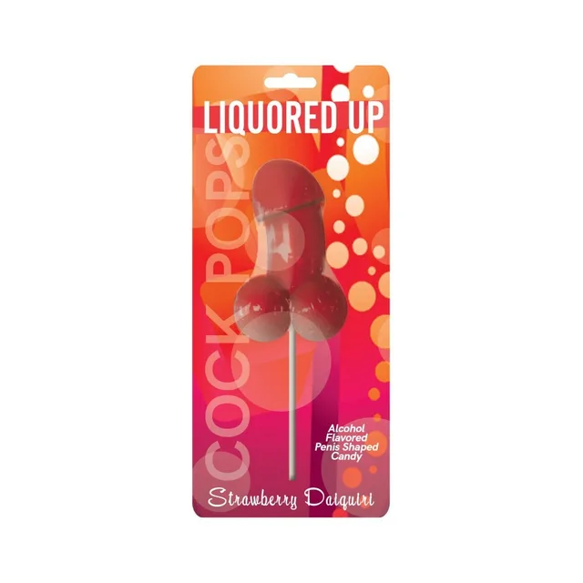Liquored Up Strawberry Daiquiri Cock Pop red candy pop on orange-red hanging card