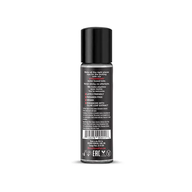 Wicked Aqua Strawberry 1 oz lubricant back of slim black bottle with white information panel and barcode