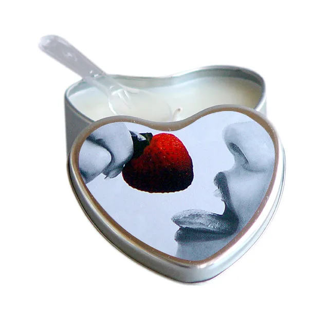 Heart-shaped strawberry massage candle tin with berry photo lid