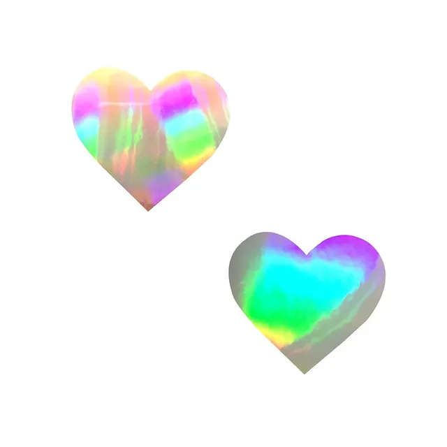 Two holographic Neva Nude heart pasty designs with rainbow reflections