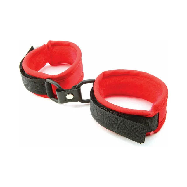 red faux-fur handcuffs with black adjustable straps and silver connector