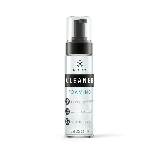 clear SexToy Foaming Cleaner pump bottle with black and white label