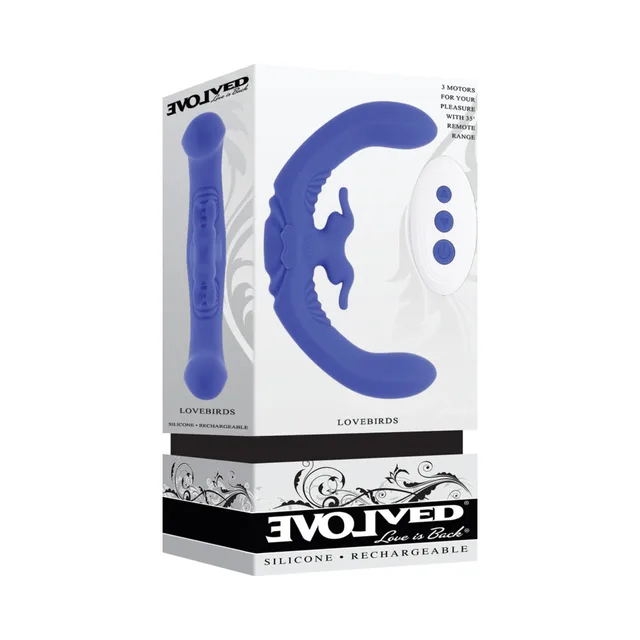 Evolved Lovebirds blue dual-ended vibrator and remote in retail box