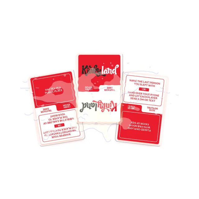 Red Kinky Land card deck arranged beside matching card case