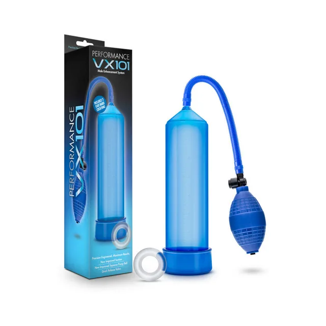 Blush Performance VX101 blue pump transparent blue cylinder, blue hand bulb and retail box together