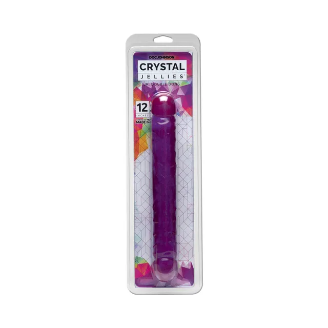 Purple 12-inch Crystal Jellies Double Dong Jr. in clear retail packaging