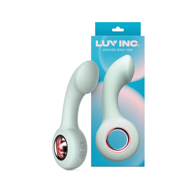 aqua Luv Inc AV23 arched ring vibrator beside its teal gradient box