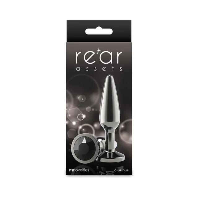 Medium gunmetal Rear Assets tapered aluminum plug with dark jewel base on box