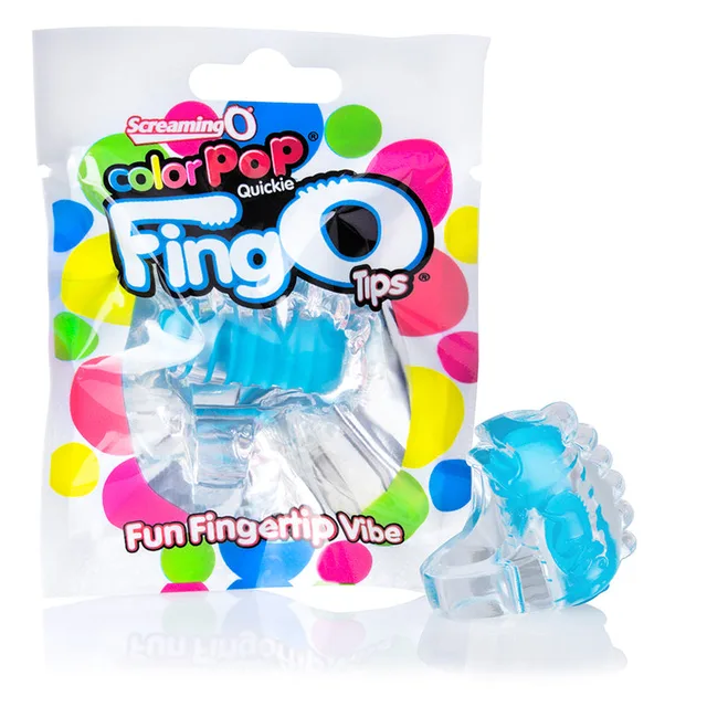 ColorPop FingO Tip Blue finger vibrator beside colorful retail pouch