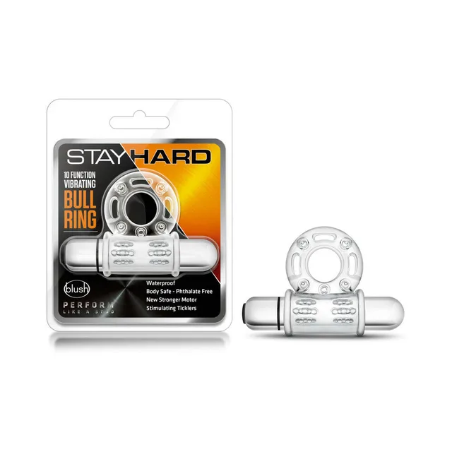 Blush Stay Hard Clear Bull Ring beside black orange retail package