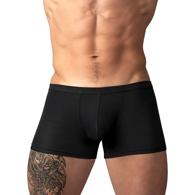 Male Power Eco Cozy Pouch Short in black size M worn from the front to show the contoured pouch and square legs