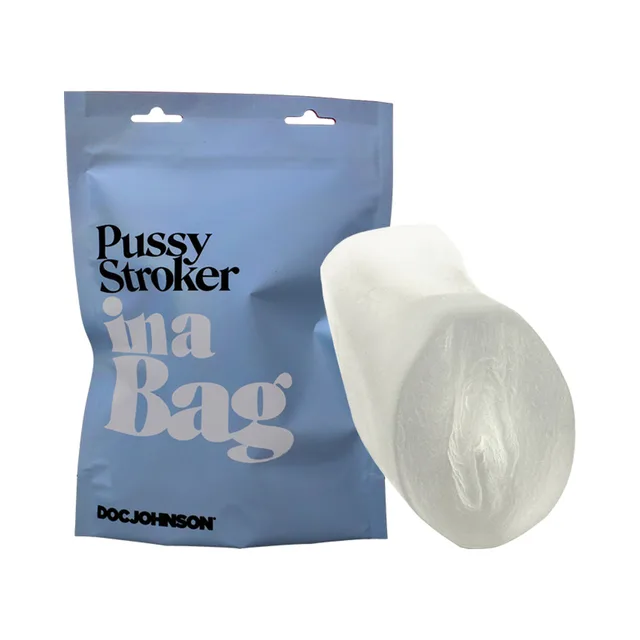 Frost ULTRASKYN handheld stroker beside blue In a Bag pouch