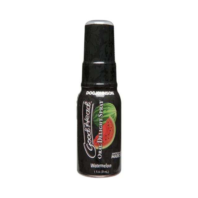 Doc Johnson GoodHead Watermelon Oral Delight spray black one-ounce spray bottle with clear cap and matching label