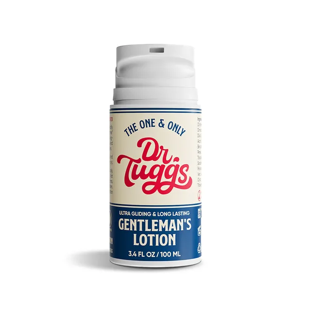 White 3.4 oz Dr Tuggs Gentleman's Lotion bottle with ribbed cap