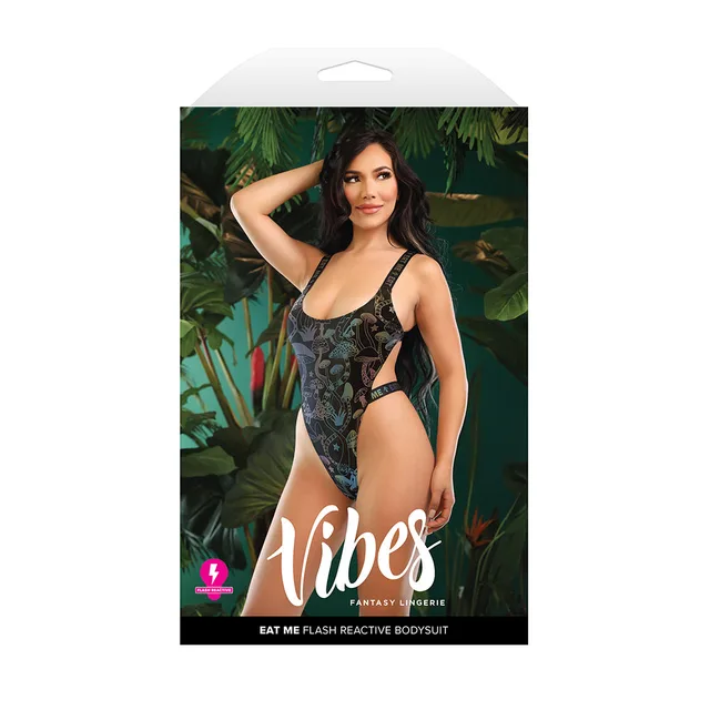 model wearing black mushroom-print Eat Me bodysuit on Fantasy Lingerie Vibes package