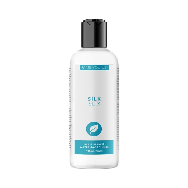 Me You Us Silk Slix clear 3.3 oz bottle with turquoise label and black cap