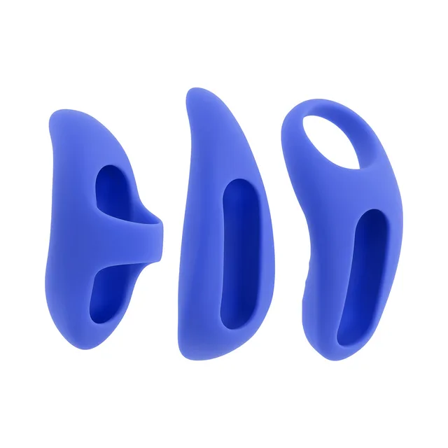Three blue Take Your Pick silicone sleeve shapes arranged together