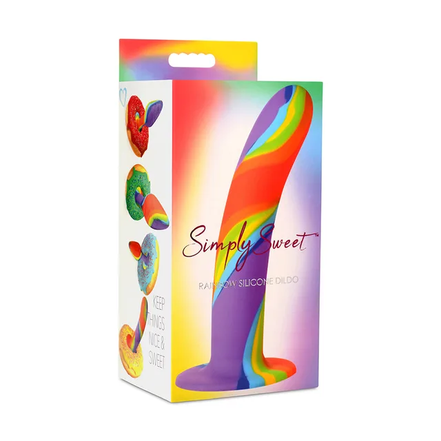 Simply Sweet rainbow curved silicone dildo displayed in colorful box
