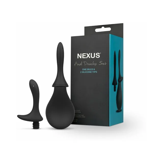 Nexus black anal douche with two nozzles beside retail box