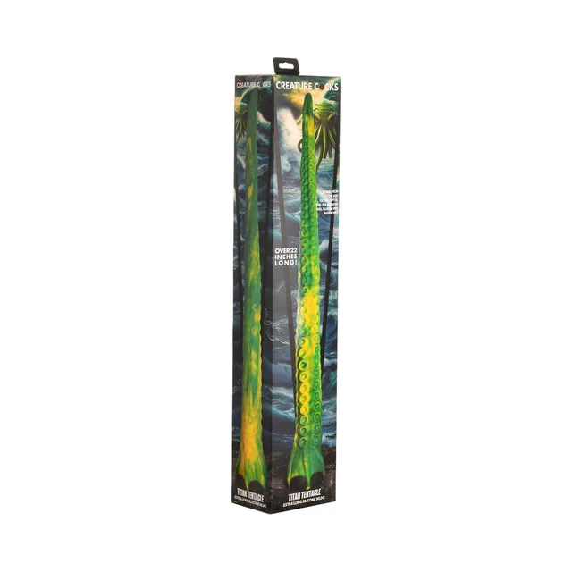 Creature Cocks Titan extra-long green-yellow tentacle inside tall narrow retail box