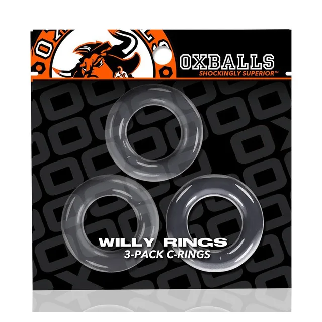 Three clear Oxballs Willy Rings in black-and-orange hanging pack
