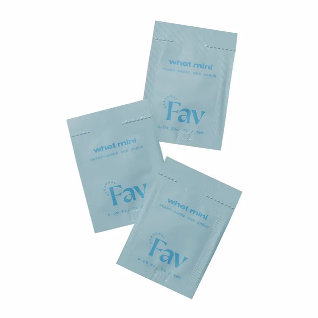 five light blue Personal Fav Whet single-use serum packets arranged on white