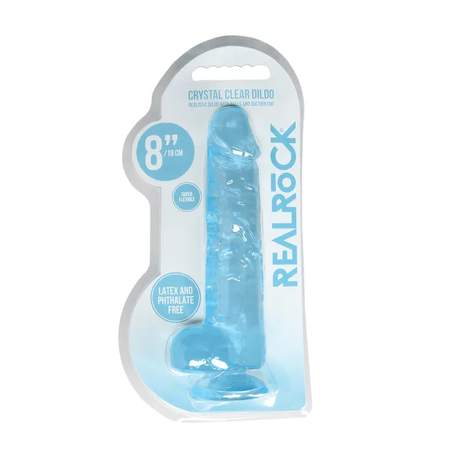 Blue RealRock Crystal Clear 8-inch dildo in retail pack