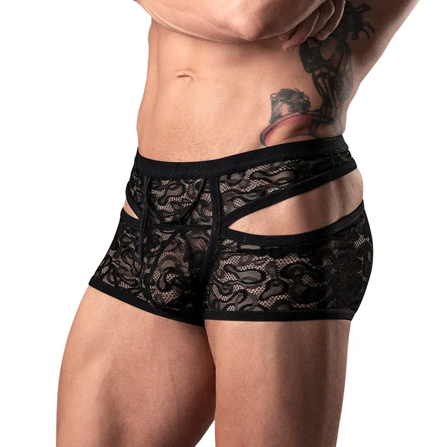 Male Power Lucifer XL black floral lace cutout short side view worn by model