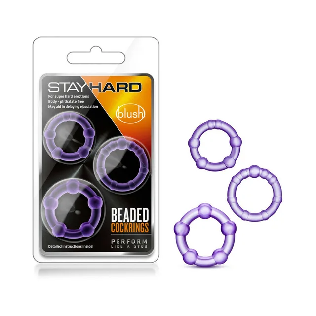 Stay Hard Beaded Ring Set three purple rings in retail package