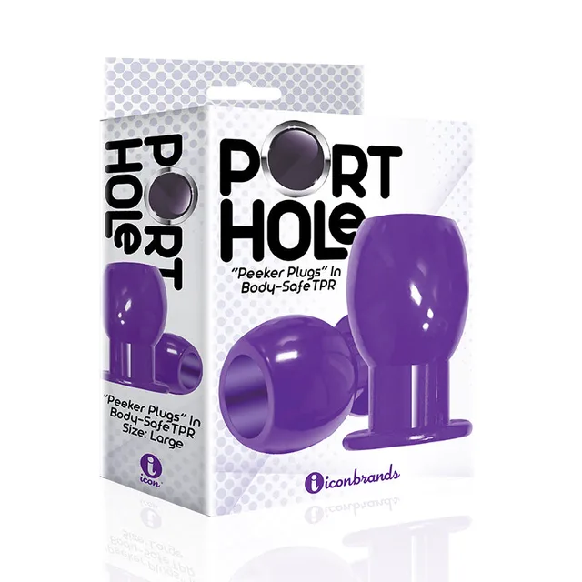 Purple Port Hole hollow tunnel plug beside white and purple box