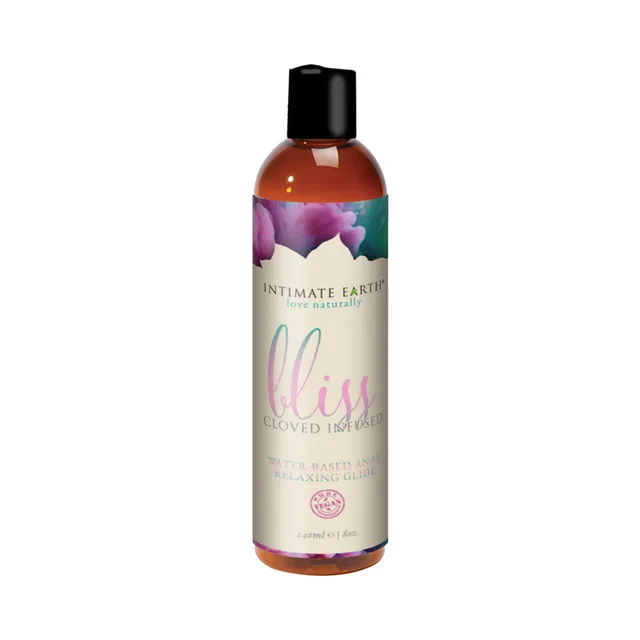 Intimate Earth Bliss 8 oz amber bottle with floral cream label