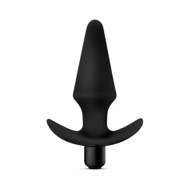 Upright front view of black plug with curved anchor base